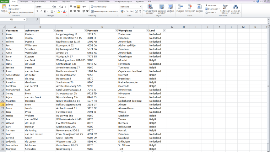Voorbeeld adressenlijst Avery