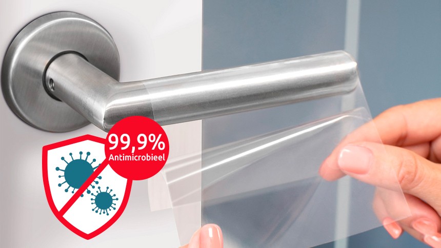 Antimicrobiele etiketten deur met icon links onder