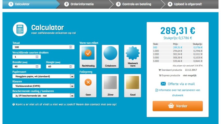 Unieketiket online calculator screenshot