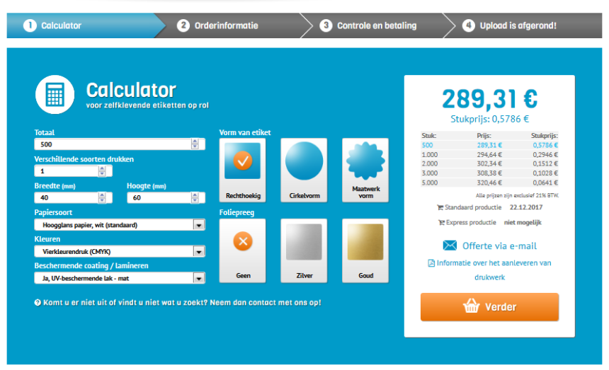 unieketiket.nl online drukkerij calculator
