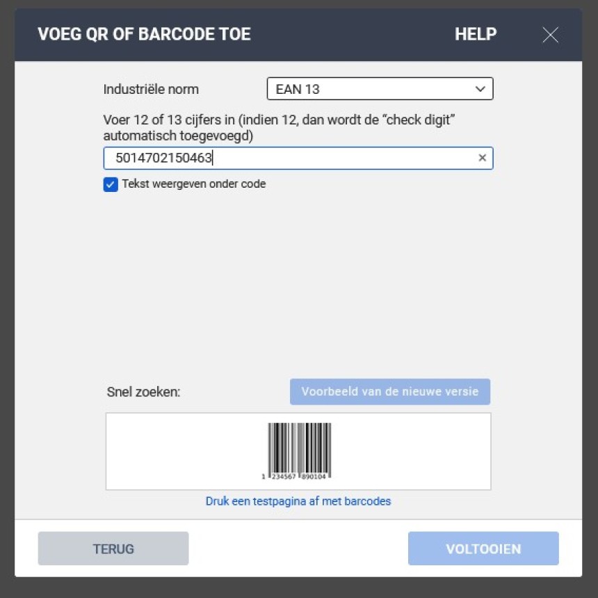 Design en Print online schermafbeelding van barcodegenerator