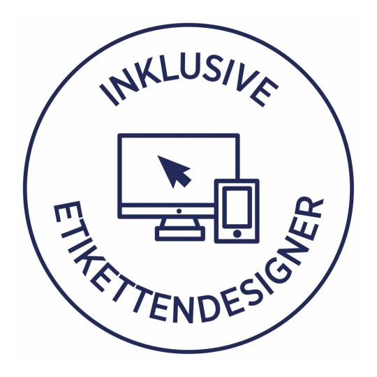 Het beeld toont een logo met de tekst 'Inklusive Etikettendesigner' omgeven door pictogrammen van een computer en een smartphone.