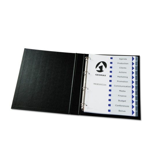 Deze afbeelding toont een zwart presentatieboek met georganiseerde tabbladen voor verschillende onderwerpen zoals agenda, productie, klanten, marketing en budget.
