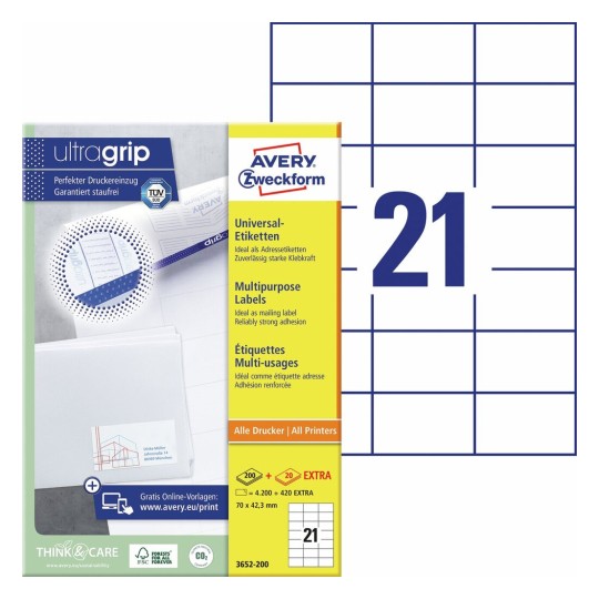 Universele etiketten 3652-200 Inhoud: 4.200 Etiketten / 200 Vellen