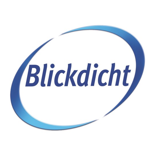 Het beeld toont het logo van Blickdicht, met een blauwe ovale rand en de tekst 'Blickdicht' in het midden.
