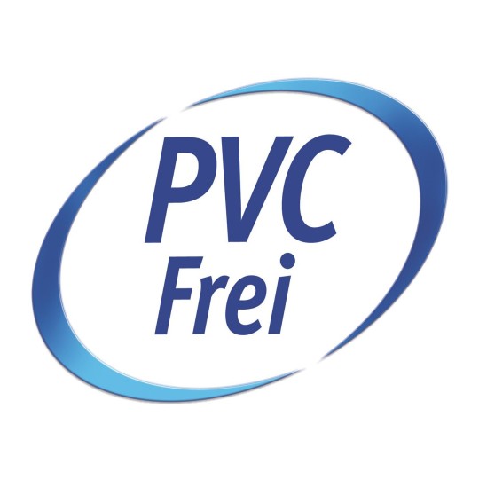 Het afbeeldt logo van 'PVC Frei', met een cirkel en blauwe letters.