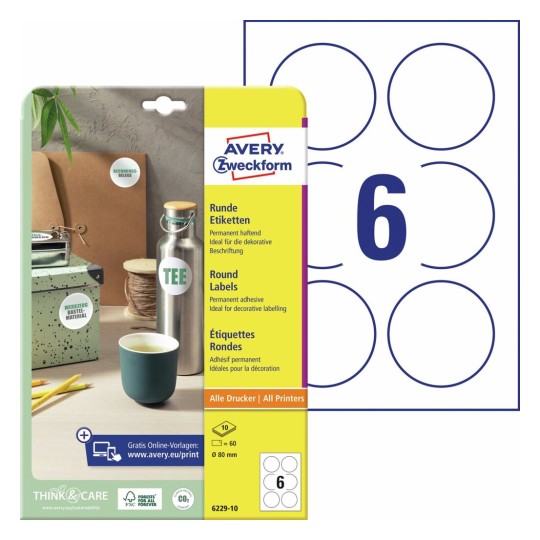 Ronde productetiketten 6229-10 Inhoud: 60 Etiketten / 10 Vellen