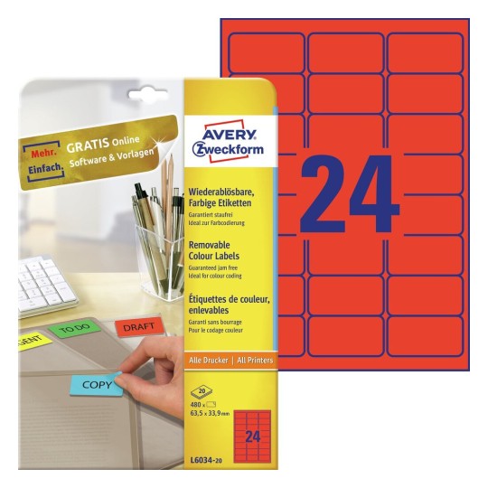 Gekleurde etiketten L6034-20 Inhoud: 480 Etiketten / 20 Vellen