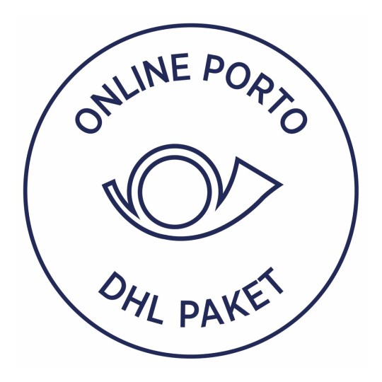 Het beeld toont een logo met de tekst 'ONLINE PORTO' en 'DHL PAKET' in een cirkelvormige opmaak.