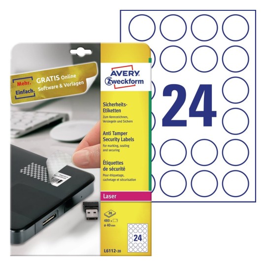 Anti-fraude etiketten L6112-20 Inhoud: 480 Etiketten / 20 Vellen