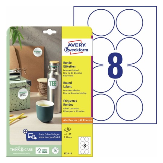 Ronde productetiketten 6228-10 Inhoud: 80 Etiketten / 10 Vellen