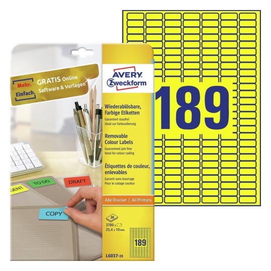 Gekleurde etiketten L6037-20 Inhoud: 3.780 Etiketten / 20 Vellen