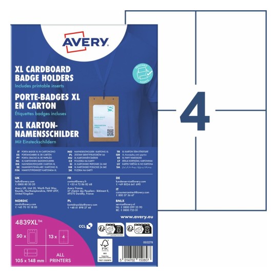 Kartonnen A6 Naambadges, FSC gecertificeerd 4839XL Inhoud: 52 Kaarten / 13 Kaarten