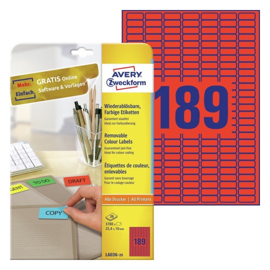 Gekleurde etiketten L6036-20 Inhoud: 3.780 Etiketten / 20 Vellen