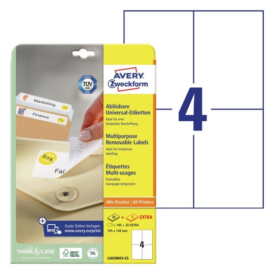 Afneembare universele etiketten L6028REV-25 Inhoud: 120 Etiketten / 25 Vellen
