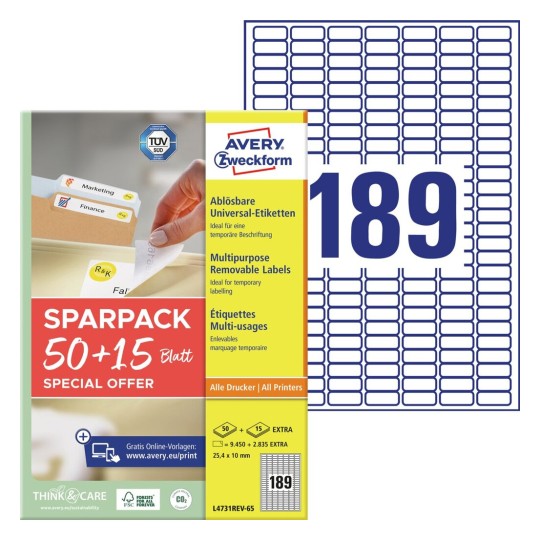 Afneembare universele etiketten L4731REV-65 Inhoud: 12.285 Etiketten / 65 Vellen