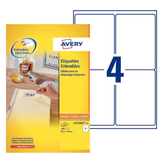 Afneembare etiketten L4733REV-25 Inhoud: 100 Etiketten / 25 Vellen
