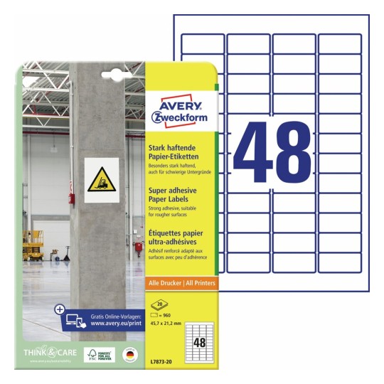 Sterk klevende papieren etiketten L7873-20 Inhoud: 960 Etiketten / 20 Vellen