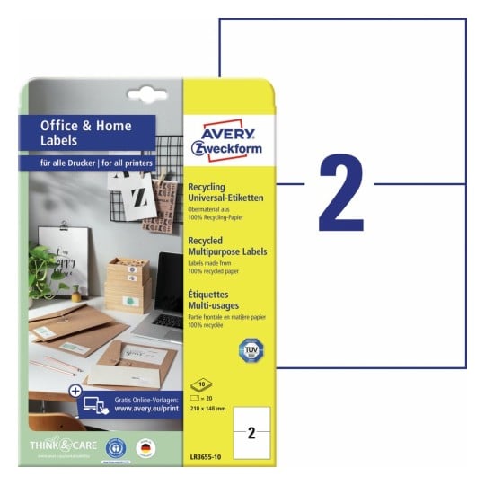 Gerecyclede universele etiketten, 10 vel LR3655-10 Inhoud: 20 Etiketten / 10 Vellen
