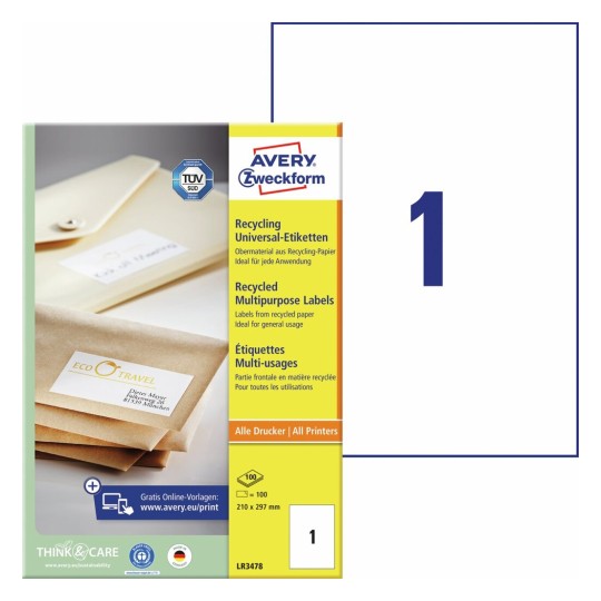 Gerecyclede universele etiketten LR3478 Inhoud: 100 Etiketten / 100 Vellen