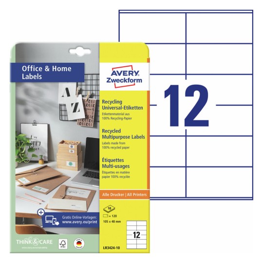 Gerecyclede universele etiketten, 10 vel LR3424-10 Inhoud: 120 Etiketten / 10 Vellen