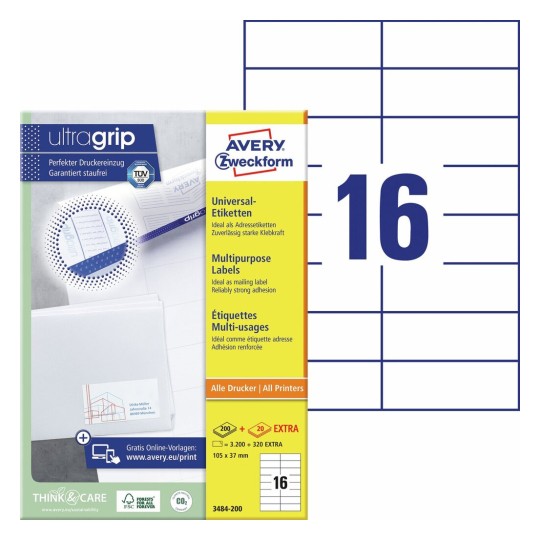 Universele etiketten 3484-200 Inhoud: 3.200 Etiketten / 200 Vellen