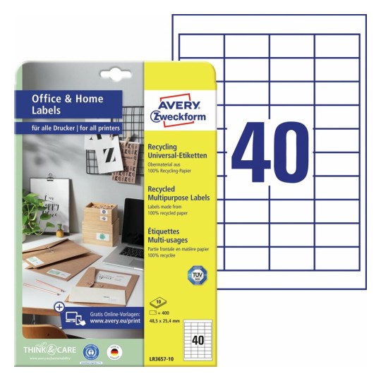 Gerecyclede universele etiketten, 10 vel LR3657-10 Inhoud: 400 Etiketten / 10 Vellen