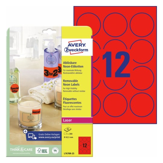 Neon Etiketten L7670R-25 Inhoud: 300 Etiketten / 25 Vellen
