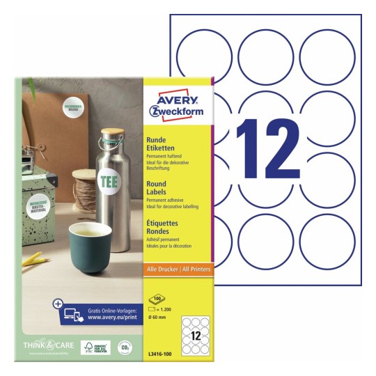Ronde productetiketten L3416-100 Inhoud: 1.200 Etiketten / 100 Vellen