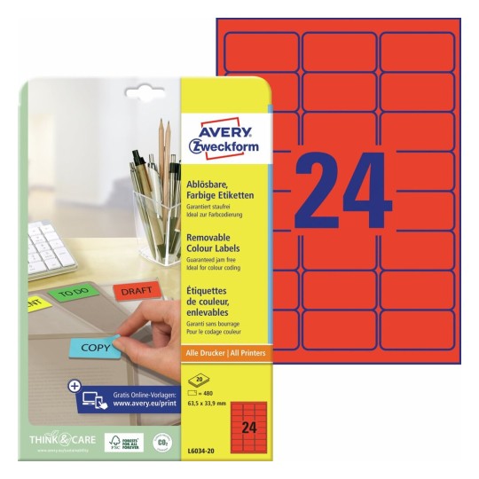 Gekleurde etiketten L6034-20 Inhoud: 480 Etiketten / 20 Vellen