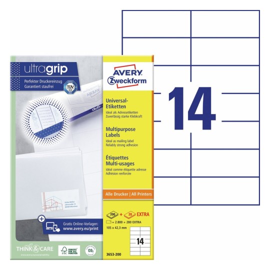 Universele etiketten 3653-200 Inhoud: 2.800 Etiketten / 200 Vellen
