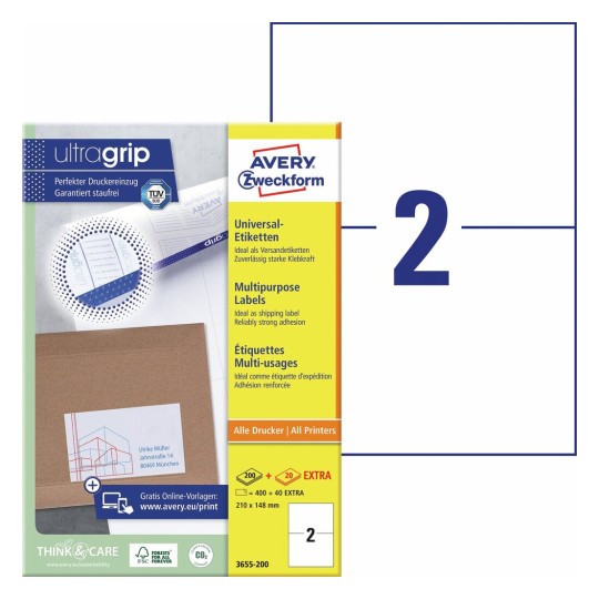 Universele etiketten 3655-200 Inhoud: 400 Etiketten / 200 Vellen