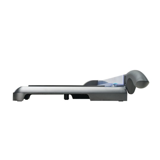 Het beeld toont een zwarte papercutter van de zijkant met een blauwe snijlijnmarkering.