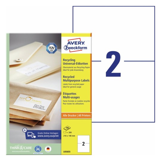 Gerecyclede universele etiketten LR3655 Inhoud: 200 Etiketten / 100 Vellen