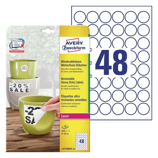 Weerbestendige etiketten L4716REV-20 Inhoud: 960 Etiketten / 20 Vellen