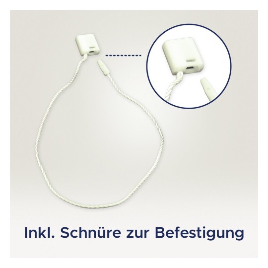 De afbeelding toont een witte bevestiging met een touw. Het bevat een kleine connector en een lus voor bevestiging.