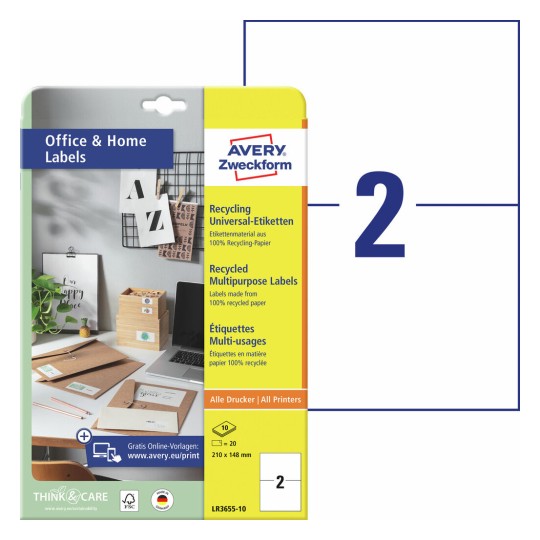 Gerecyclede universele etiketten, 10 vel LR3655-10 Inhoud: 20 Etiketten / 10 Vellen