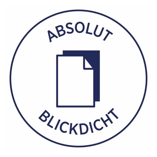 De afbeelding toont een logo met de tekst 'ABSOLUT BLICKDICHT' rond een afbeelding van een stapel papieren.