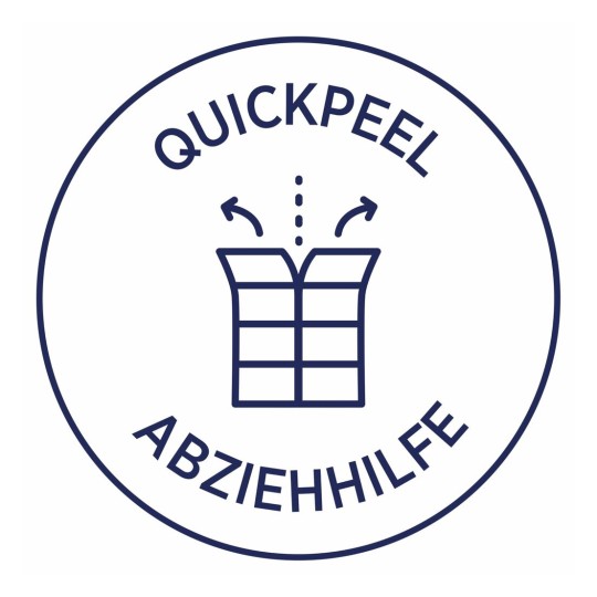 De afbeelding toont een logo met de tekst 'QuickPeel' en 'Abziehhilfe', met een pictogram van een object dat gemakkelijk kan worden afgepeld.