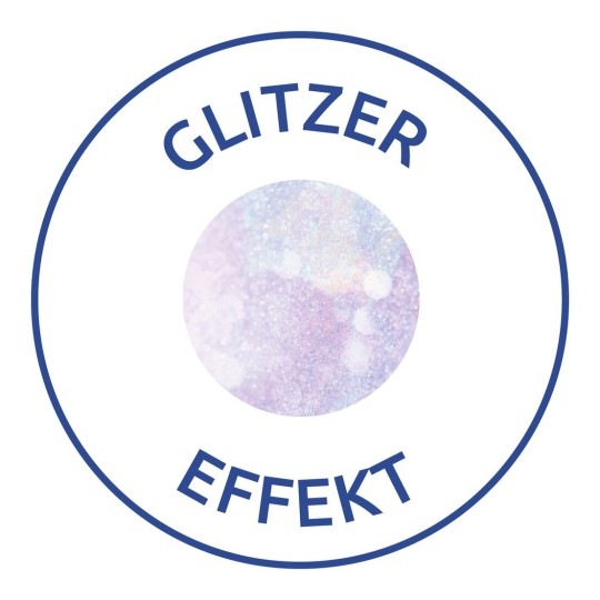 Dit is een afbeelding met het woord 'GLITZER' boven een paarse glanzende cirkel en 'EFFEKT' eronder, omringd door een blauwe rand.