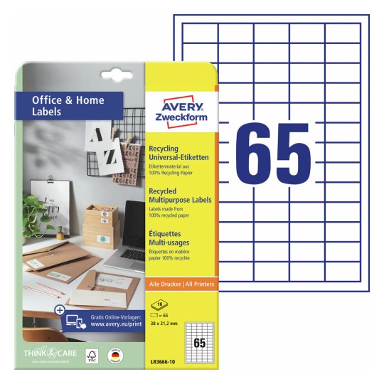 Gerecyclede universele etiketten, 10 vel LR3666-10 Inhoud: 650 Etiketten / 10 Vellen