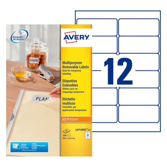 Afneembare etiketten L4743REV-25 Inhoud: 300 Etiketten / 25 Vellen