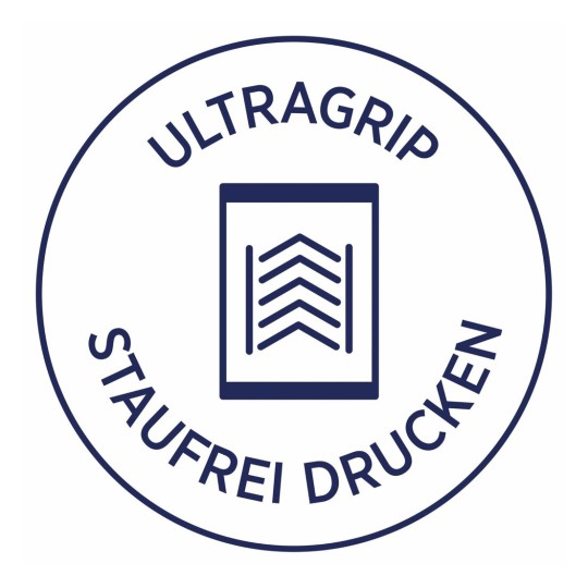 Het beeld toont een logo met de tekst 'ULTRAGRIP STAUFREI DRUCKEN' en een grafisch symbool in het midden.