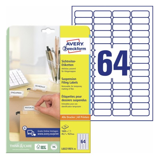 Etiketten voor hangmappen met ruiters L6021REV-25 Inhoud: 1.600 Etiketten / 25 Etiketten