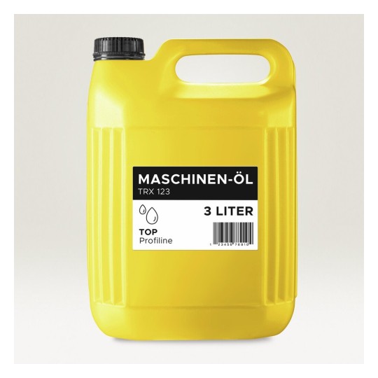 Dit is een gele jerrycan met een label dat 'MASCHINEN-ÖL' en andere informatie bevat, zoals het volume van 3 liter.