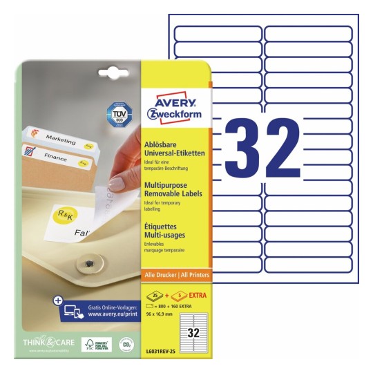 Afneembare etiketten L6031REV-25 Inhoud: 800 Etiketten / 25 Vellen
