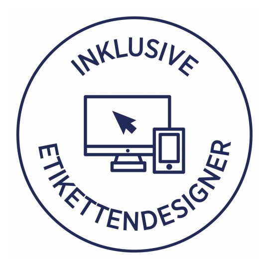 Deze afbeelding toont een logo met de tekst 'Inclusieve Etikettendesigner', omringd door een cirkel. In het midden staat een computer en een smartphone, met een pijl dat een aanwijzende cursor vertegenwoordigt.