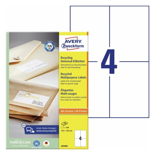 Gerecyclede universele etiketten LR3483 Inhoud: 400 Etiketten / 100 Vellen