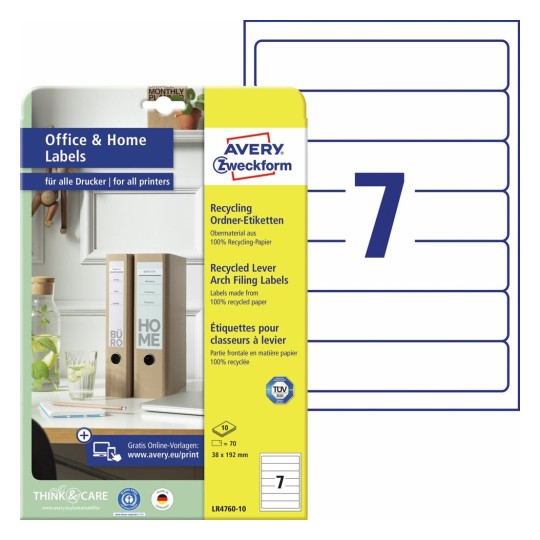 Gerecyclede ordnerrugetiketten, 10 vel LR4760-10 Inhoud: 70 Etiketten / 10 Vellen