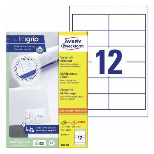 Universele etiketten 3659-200 Inhoud: 2.400 Etiketten / 200 Vellen